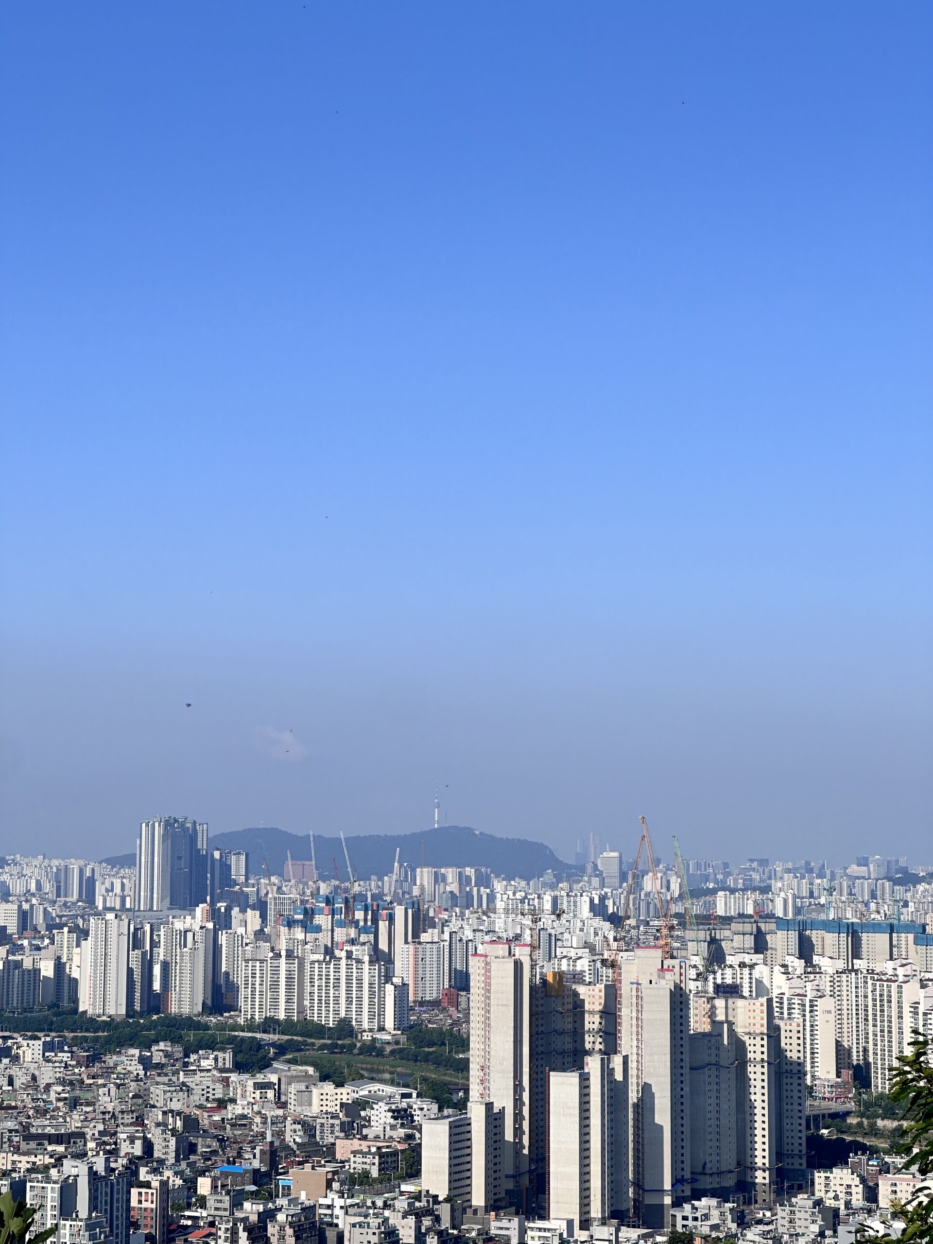 Picture of look down of a city with blue skies above it